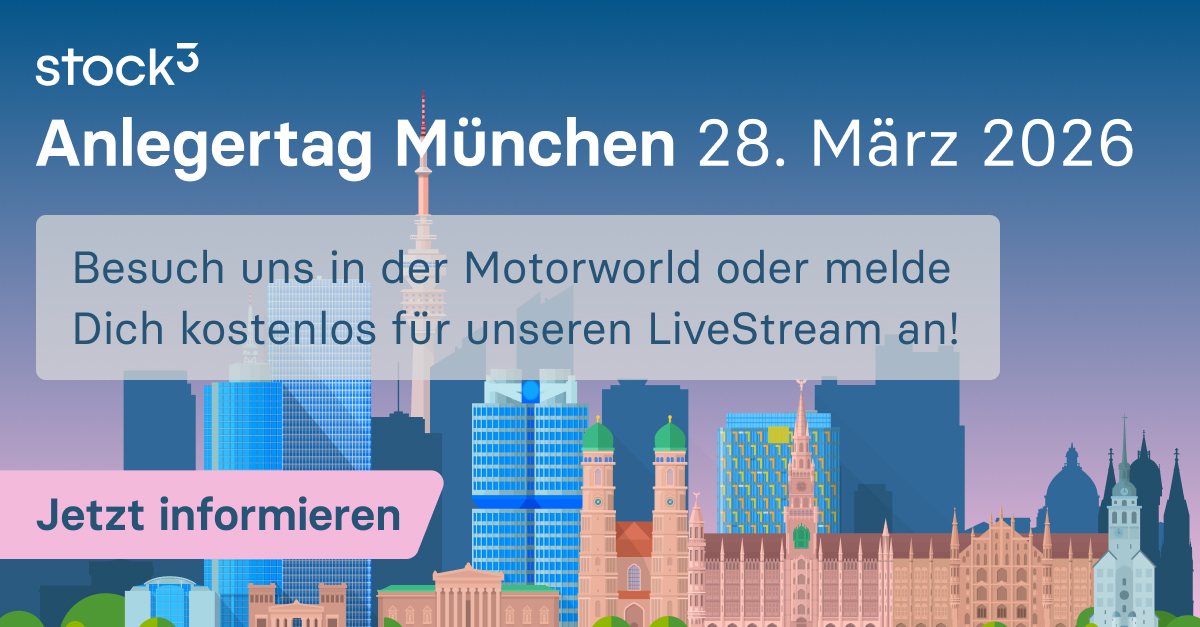 LinkedIn-Anzeige „Anlegertag München“ für stock3 mit Stadtsilhouette