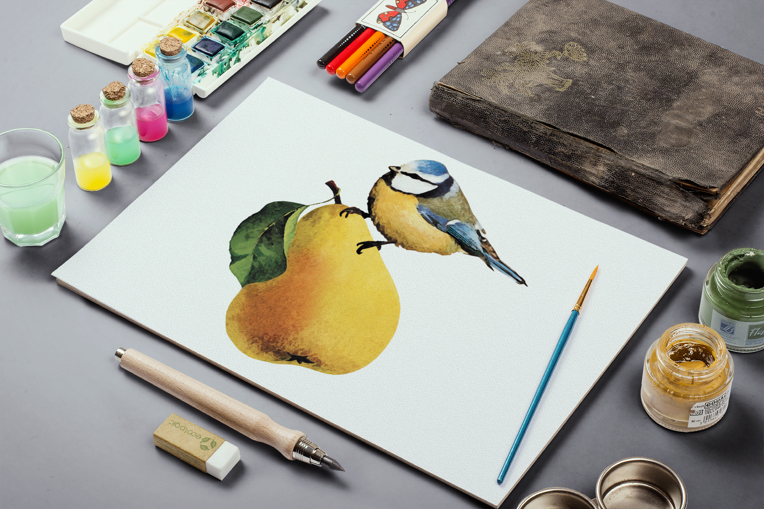 Aquarell-Illustration: Blaumeise auf einer Birne