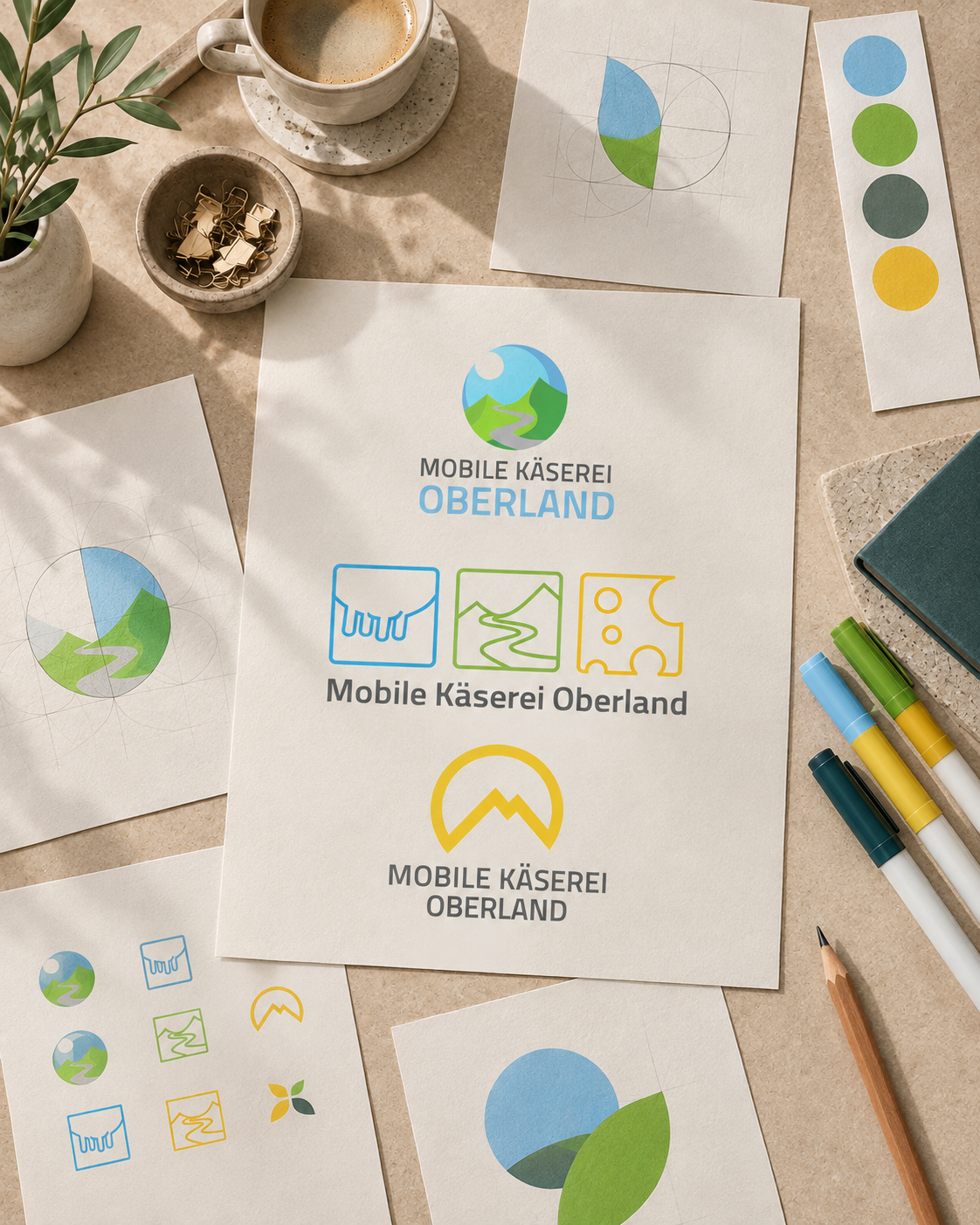 Logo-Entwürfe für Mobile Käserei Oberland auf Papier mit blauen, grünen und gelben Farbmustern