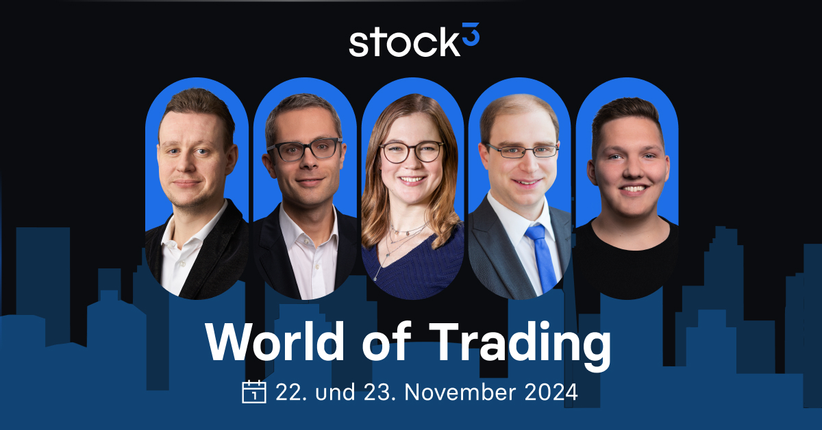 Social-Media-Post „World of Trading“ für stock3 mit fünf Expertenporträts
