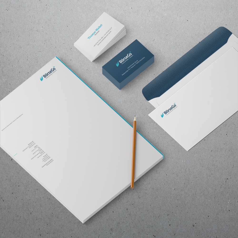 Corporate Design BörseGo AG – Briefpapier, Visitenkarten und Umschlag