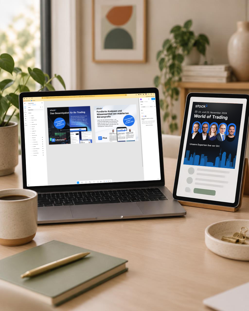 Laptop und Tablet mit digitalen stock3-Werbemitteln für World of Trading auf einem Schreibtisch