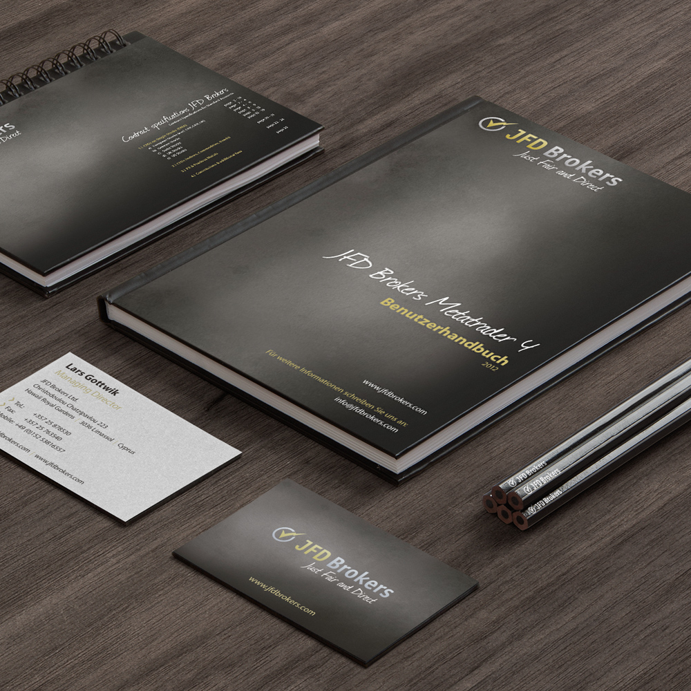 Corporate Design JFD Brokers – Handbuch, Notizbuch und Visitenkarten